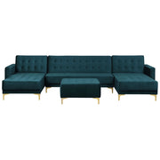 Divano letto ad angolo in tessuto trapuntato in velluto verde acqua moderno a forma di U componibile a 5 posti con chaise longue ottomane