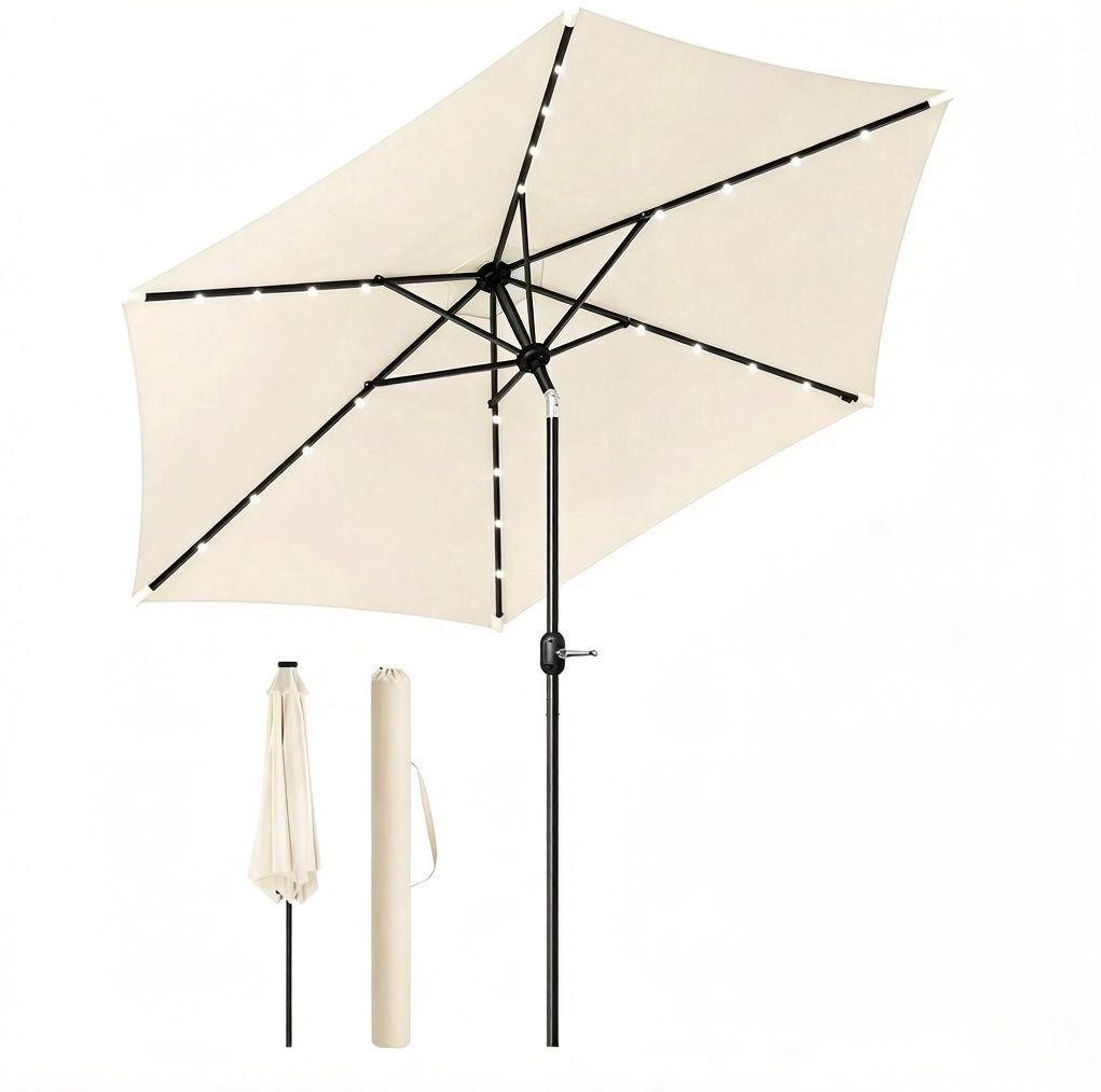 Ombrellone rotondo con luci LED solari ? 292 x 247 cm; beige in ferro e poliestere