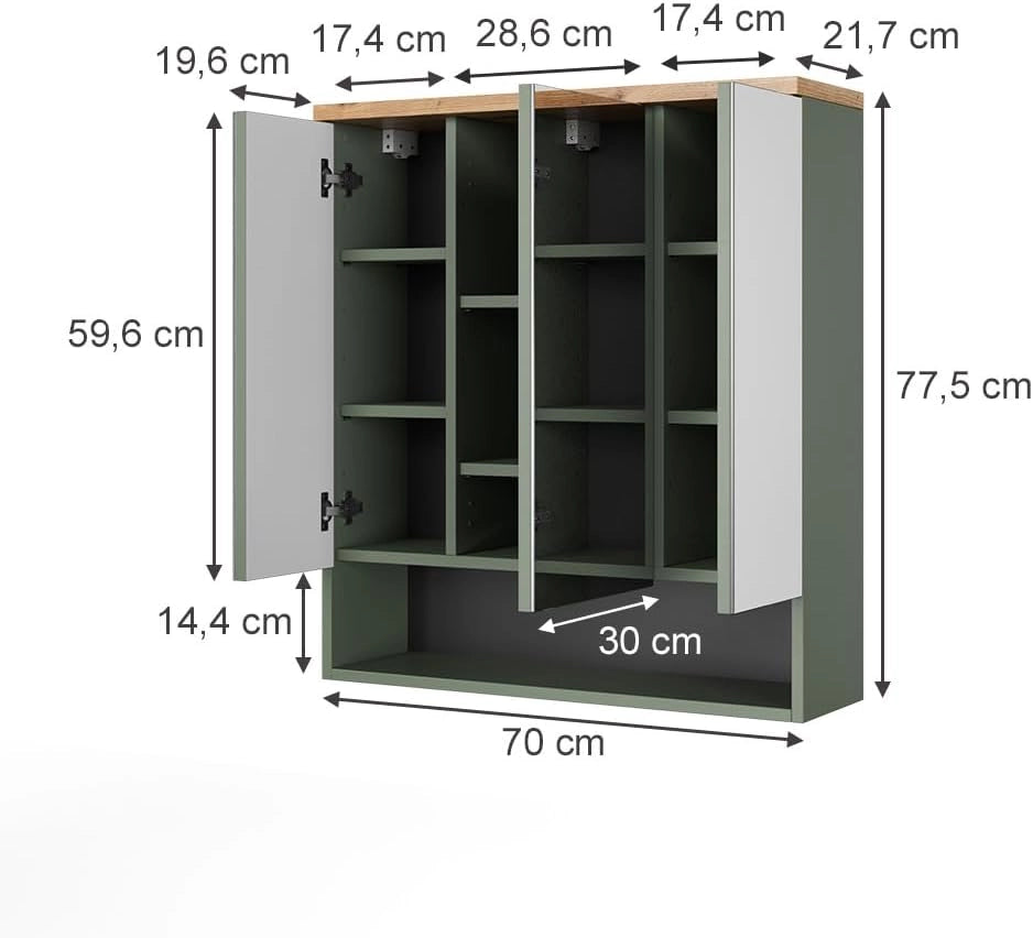 Specchio contenitore bagno Eden, Verde, 70 x 77.5 cm con 3 ante a specchio, ampio spazio di archiviazione per gli accessori del bagno