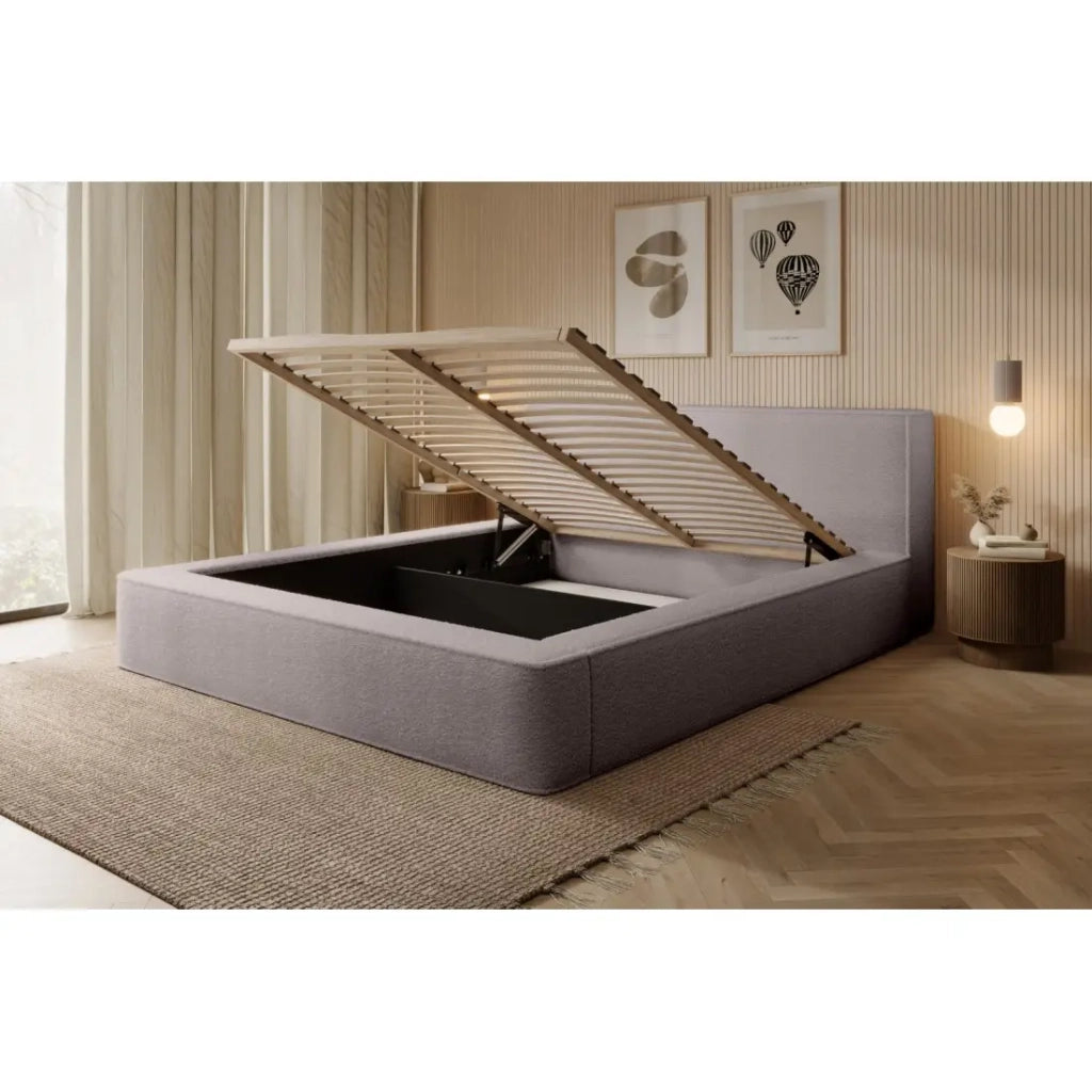 Letto contenitore VELORA – Taupe rosato bouclé – 180x200 cm – Tessuto velluto morbido – Rete sollevabile – Spazio di stoccaggio integrato