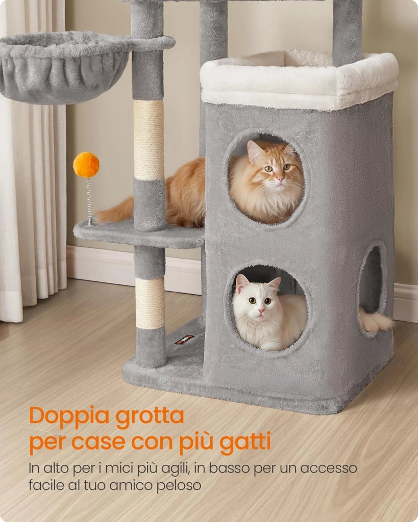 Feandrea Albero per Gatti Alto 152 cm, Tiragraffi per Gatti a Più Livelli con 2 Grotte Ampie, un’Amaca, 3 Colonne Graffiatoio, 3 Piattaforme, Grigio Tortora PCT007G01