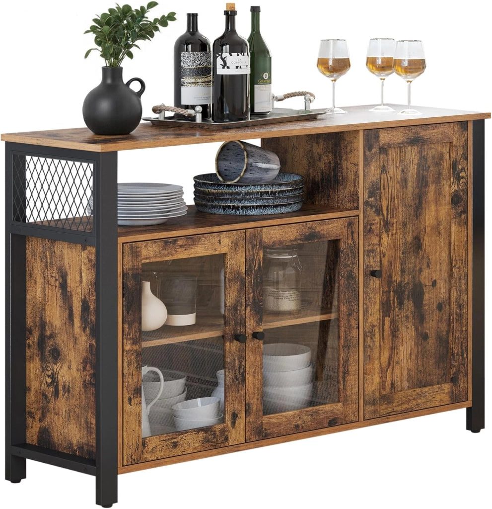 VASAGLE Credenza, Mobile da Cucina, Mobile Contenitore, con 3 Ante, per Soggiorno, Cucina, Sala da Pranzo, 33 x 110 x 75 cm, Stile Country, Marrone Miele e Bianco Vintage LSC096WJ02
