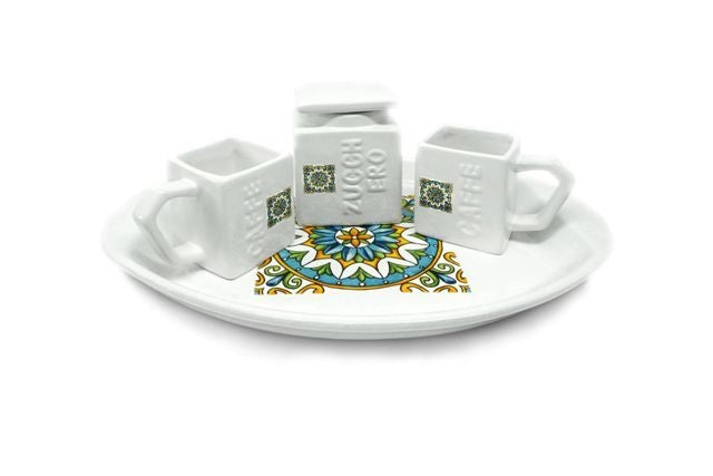 Set Caffe' Zuccheriera Tazzine e Vassoio in Ceramica Decoro Fiore