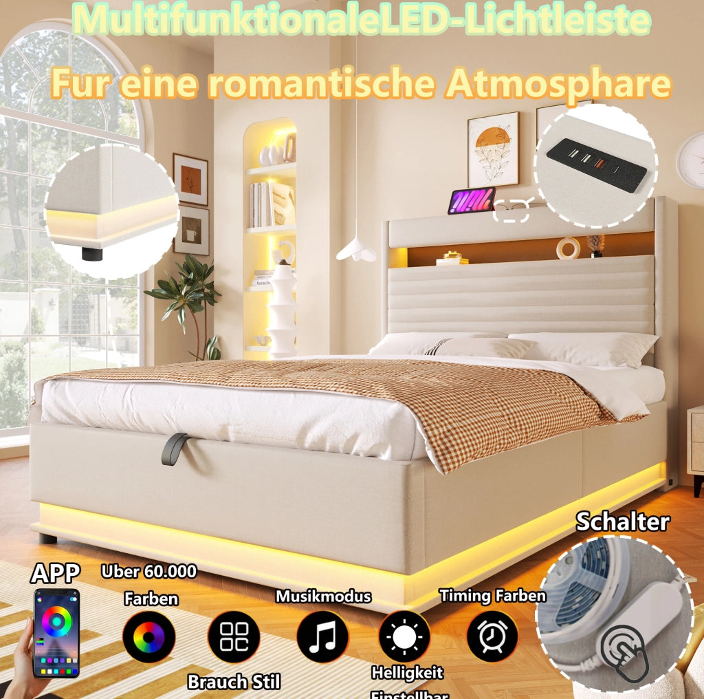 Letto imbottito con contenitore, LED e ricarica USB-C, 140 x 200 cm