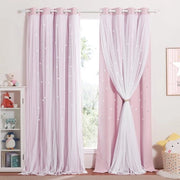 Gordini per camera da bambini per ragazze, con stelle a forma di anello e voile con occhi, set da 2, H 260 x B 132, rosa chiaro