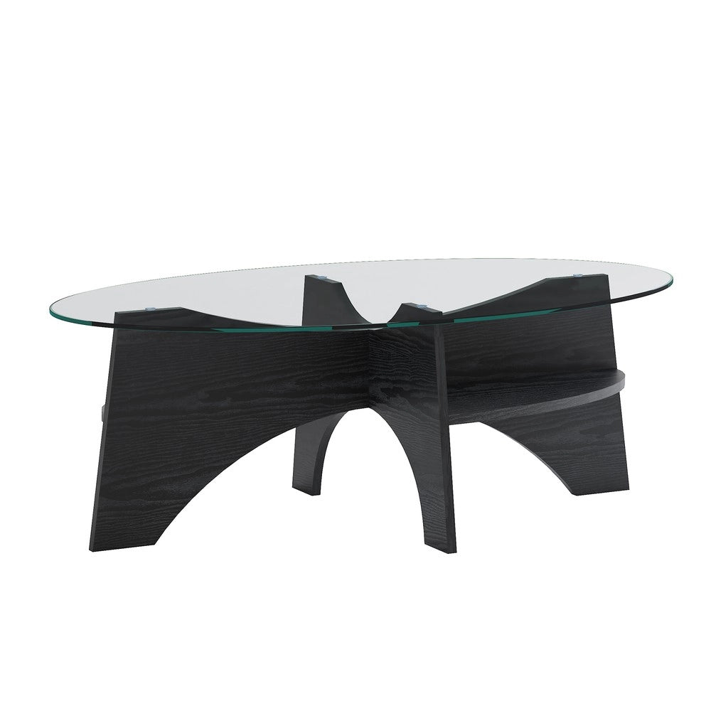 Tavolino Ovale in Vetro Temperato ¨C MINIMAL ¨C Piano Trasparente, Gambe MDF Nero, 104x60 cm