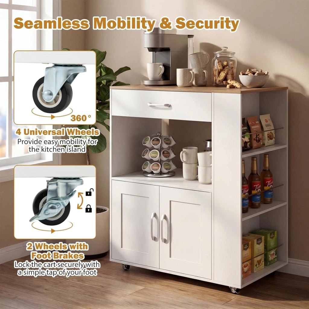 Credenza da Cucina su Ruote, Isola Mobile, Carrello da Servizio con Cassetto e 3 Ripiani, 2 Colori, 75 x 46 x 90,5 cm75 x 46 x 90,5 cm (Bianco)