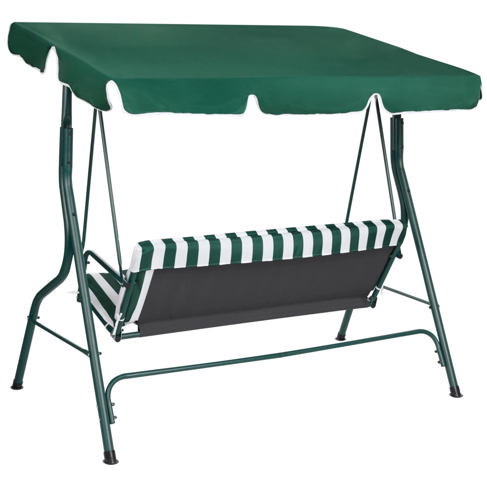 Altalena da giardino per patio con struttura in acciaio a rete a righe verdi a 3 posti con baldacchino