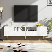 Mobiletto Porta TV Moderno con Piedini e Bordi Dorati, Due Ripiani e Due Cassetti, 165x36x55 cm, Bianco