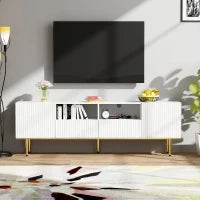 Mobiletto Porta TV Moderno con Piedini e Bordi Dorati, Due Ripiani e Due Cassetti, 165x36x55 cm, Bianco