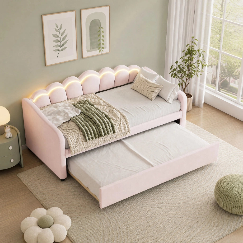 Letto singolo 90x200 cm con letto estraibile LED rosa