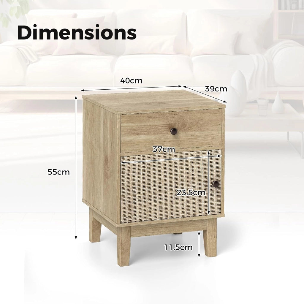 Comodino in rattan boho con cassetto e spazio di archiviazione, comodino, gambe in legno, console da notte, con protezione anti-ribaltamento, piedini antiscivolo, 40 x 39 x 55 cm (naturale)