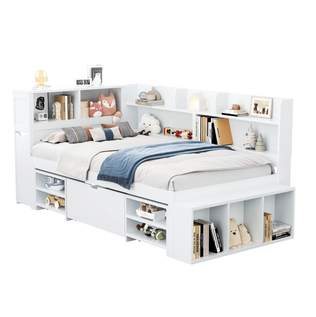 Letto per bambini 90 x 200 cm con cassetti, libreria e armadi bianchi