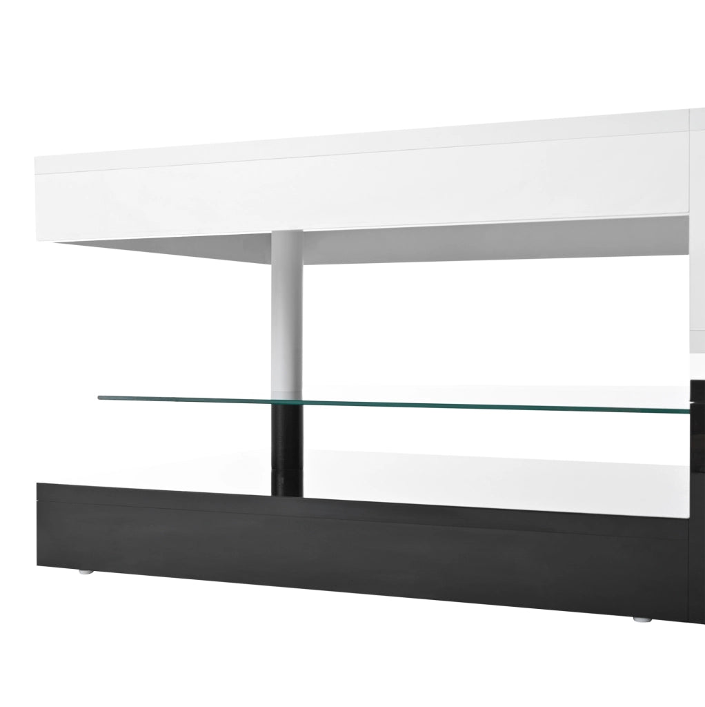 Tavolino da caffè 90x45x35;5 cm; LED con APP e Bluetooth; pannello truciolare; nero e bianco
