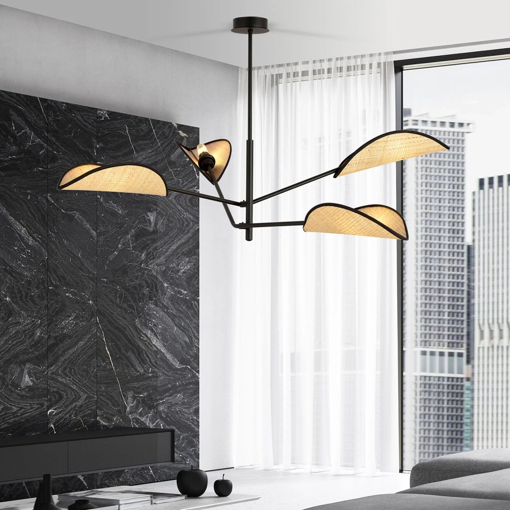 Lampadario 4 Luci Eridano In Acciao Nero E Rattan Con Bracci Mobili