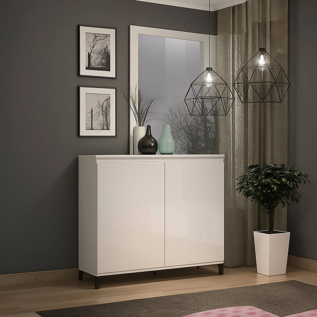 Credenza Iwao, Buffet da soggiorno, Madia da salotto, Dispensa da cucina, Made in Italy, 100x40h110 cm, Bianco lucido e Antracite