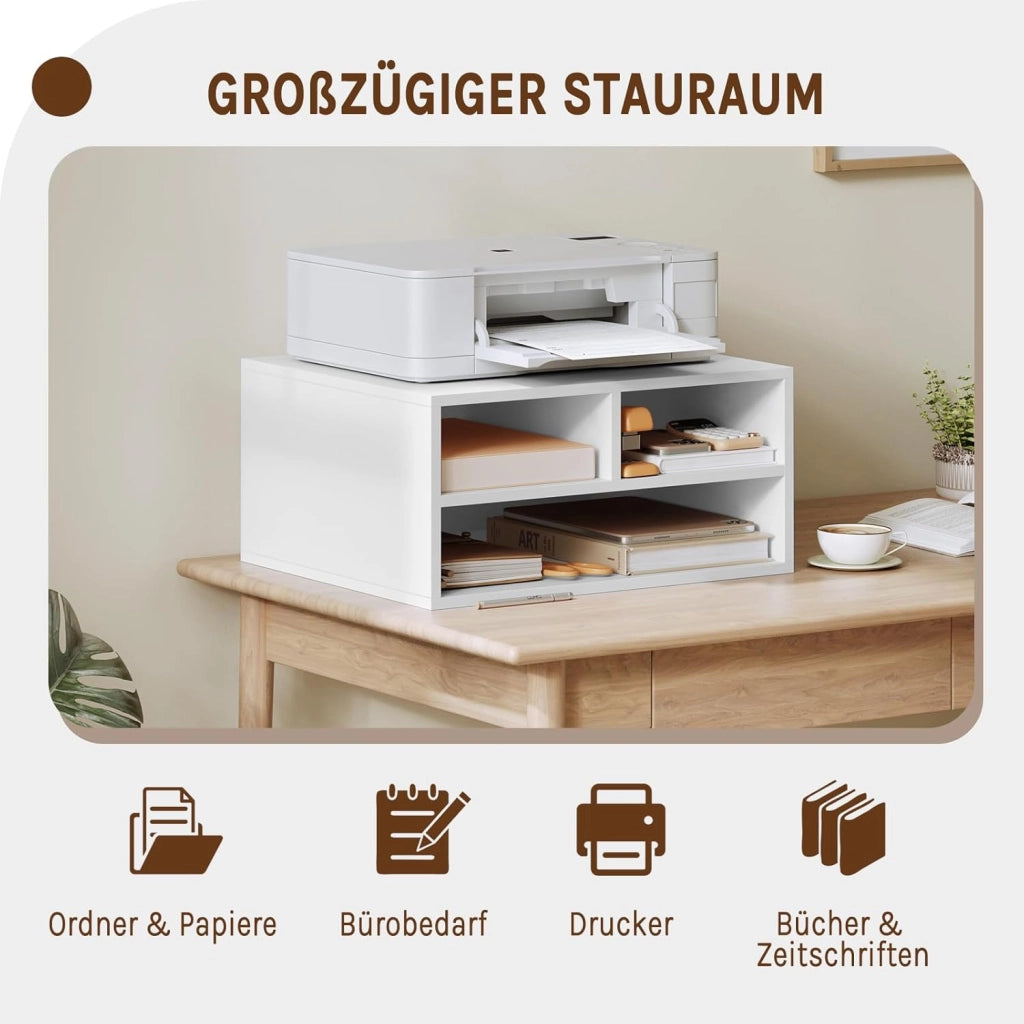Schedario da Ufficio a 2 Livelli con Custodia, Porta Stampante da Scrivania in Legno con 3 Scomparti per l'Ufficio, 47x40x22,5cm, Bianco, ASK15ws