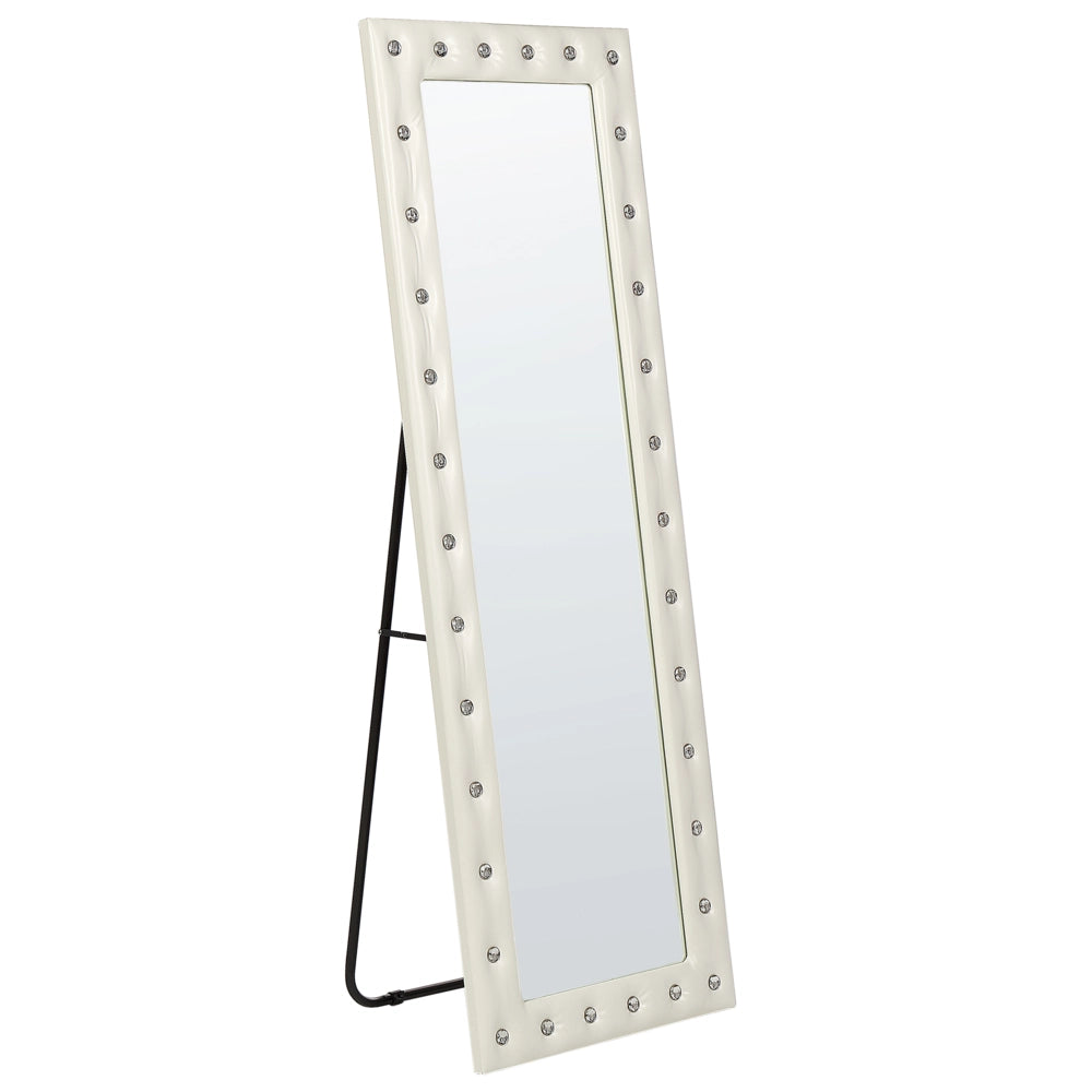 Specchio da pavimento in pelle sintetica bianca 50 x 150 cm cornice decorativa strass con supporto glamour da appendere per armadio camera da letto soggiorno