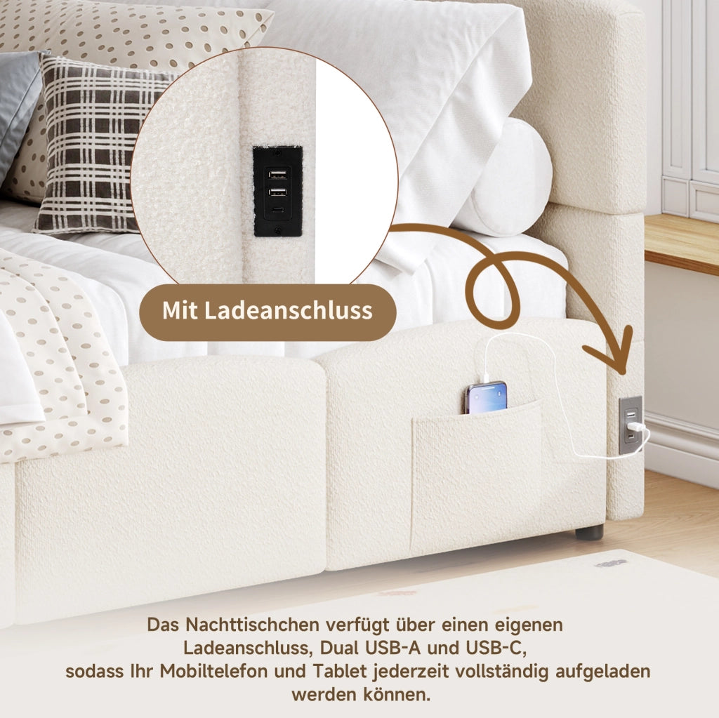 Divano letto con contenitore idraulico; USB-A/USB-C; Bouclé; Beige; 90x200 cm