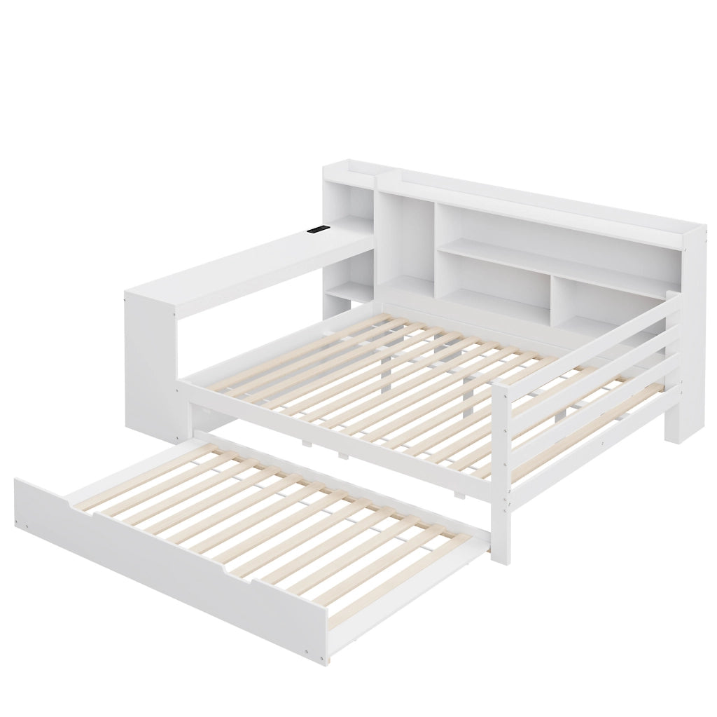 Sofa letto 140x200 cm con letto estraibile; ripiani e presa in legno bianco
