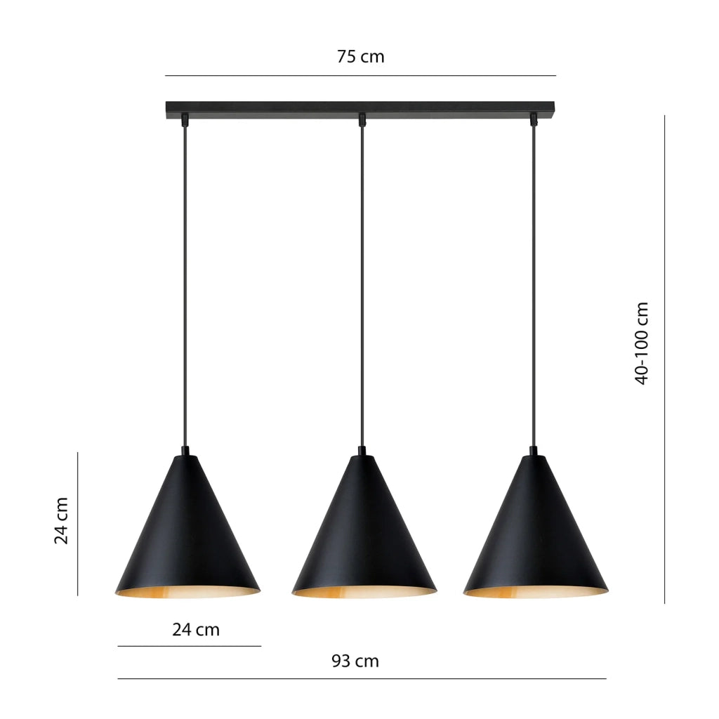 Sospensione Nordica Ninhursag 3 Luci In Acciaio Nero E Oro