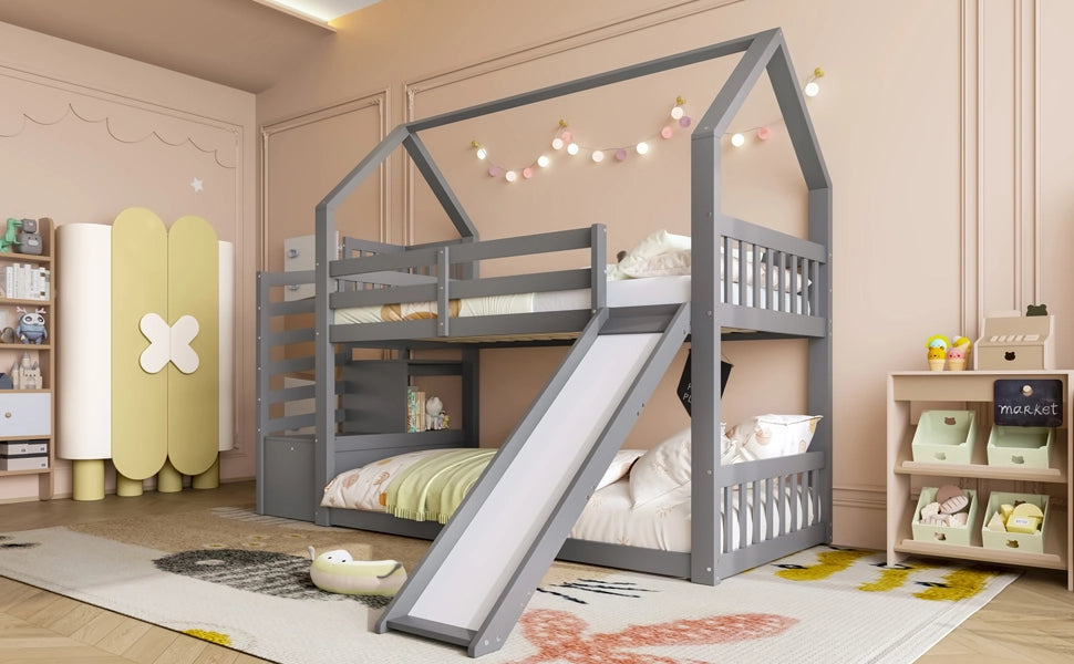 DESMIU Letto a castello 90 × 200 cm 2 posti con scala contenitore e scivolo, senza materasso, in legno e MDF, grigio