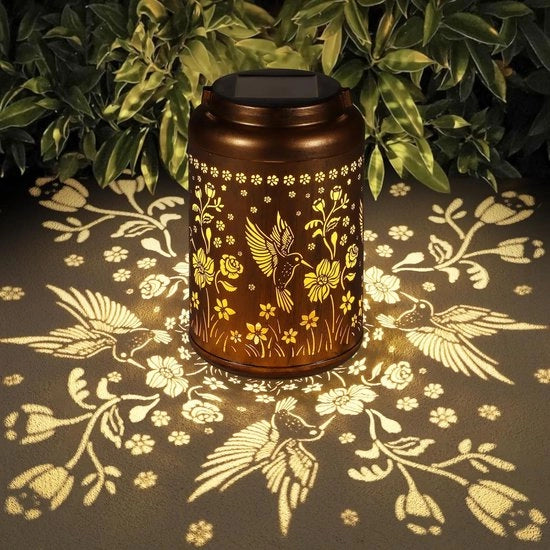 Lanterna Solare per Esterno - Lampada Solare per Giardino - Lampada Metallica da Appendere - Lampada Solare Idroresistente - Decorazione per Giardino - Per Esterno e Terrazza - Giallo Oro/Rosso - Luce Bianca Calda
