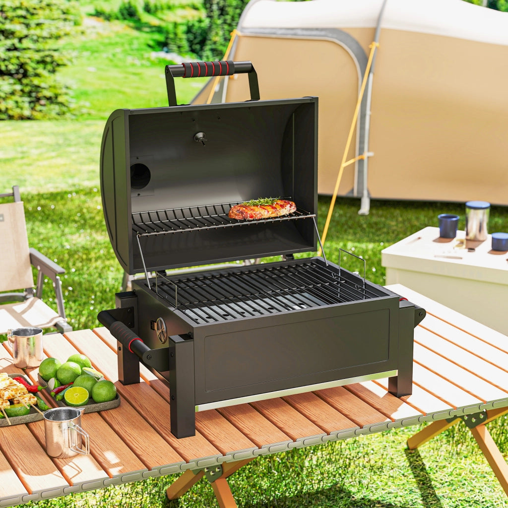 Barbecue a carbone con coperchio, griglia riscaldante, cassetto cenere, termometro, inox ¨C zephmum ¨C Nero/Rosso 67x53x55cm