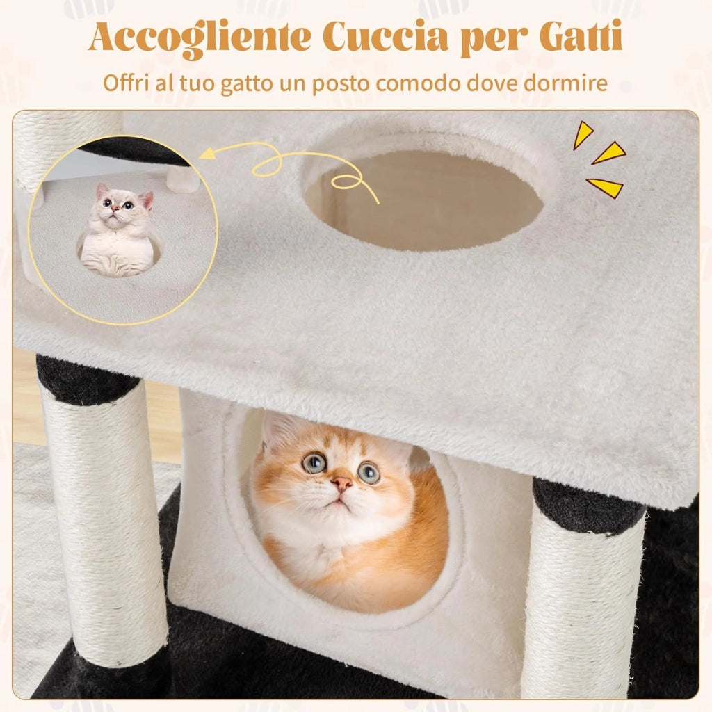 Albero per Gatti, Tiragraffi per Gatti con Tiragraffi in Sisal e Tavole, Piattaforma Arcuata, Posatoio Imbottito in Cima, Condominio con Buco e Piattaforma Arcuata