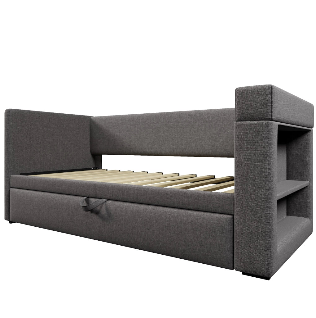 Divano letto 90x190 cm con letto estraibile e stazione di ricarica in cotone e lino grigio