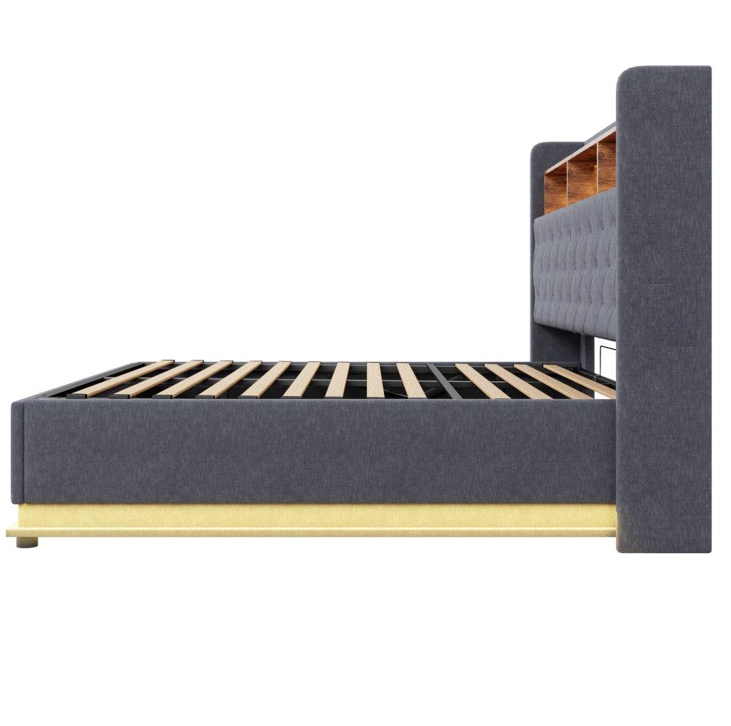 Letto matrimoniale imbottito 180x200 cm con LED; USB e contenitore idraulico; grigio