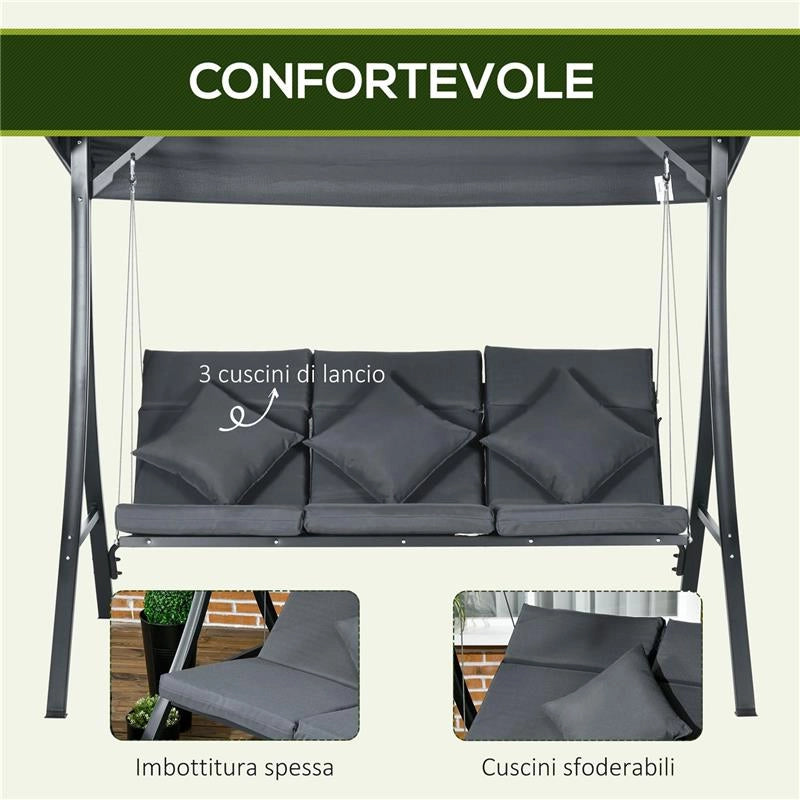DONDOLO DA GIARDINO 3 POSTI CON TETTUCCIO REGOLABILE, IN ACCIAIO E POLIESTERE, 202X115X168 CM, GRIGIO SCURO