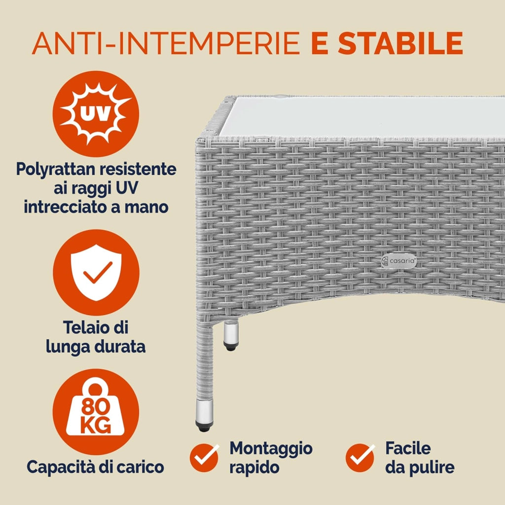 ® Tavolino da Giardino Esterno in Polyrattan 58x58x42cm Piano in Vetro Tavolo Basso da Caffè Quadrato Poggiapiedi