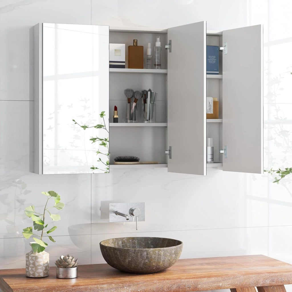 Mobiletto Bagno con Specchio, Specchio Bagno con 2 Ripiani di Stoccaggio, 90x11x65 cm, Bianco
