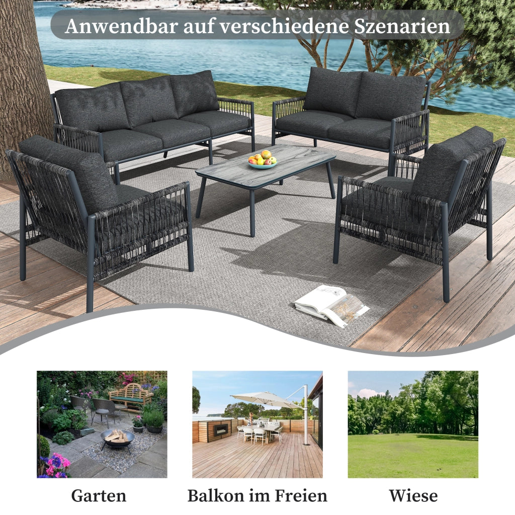 Set mobili giardino 7 posti: rattan PE; acciaio zincato; vetro effetto legno; cuscini lavabili; grigio