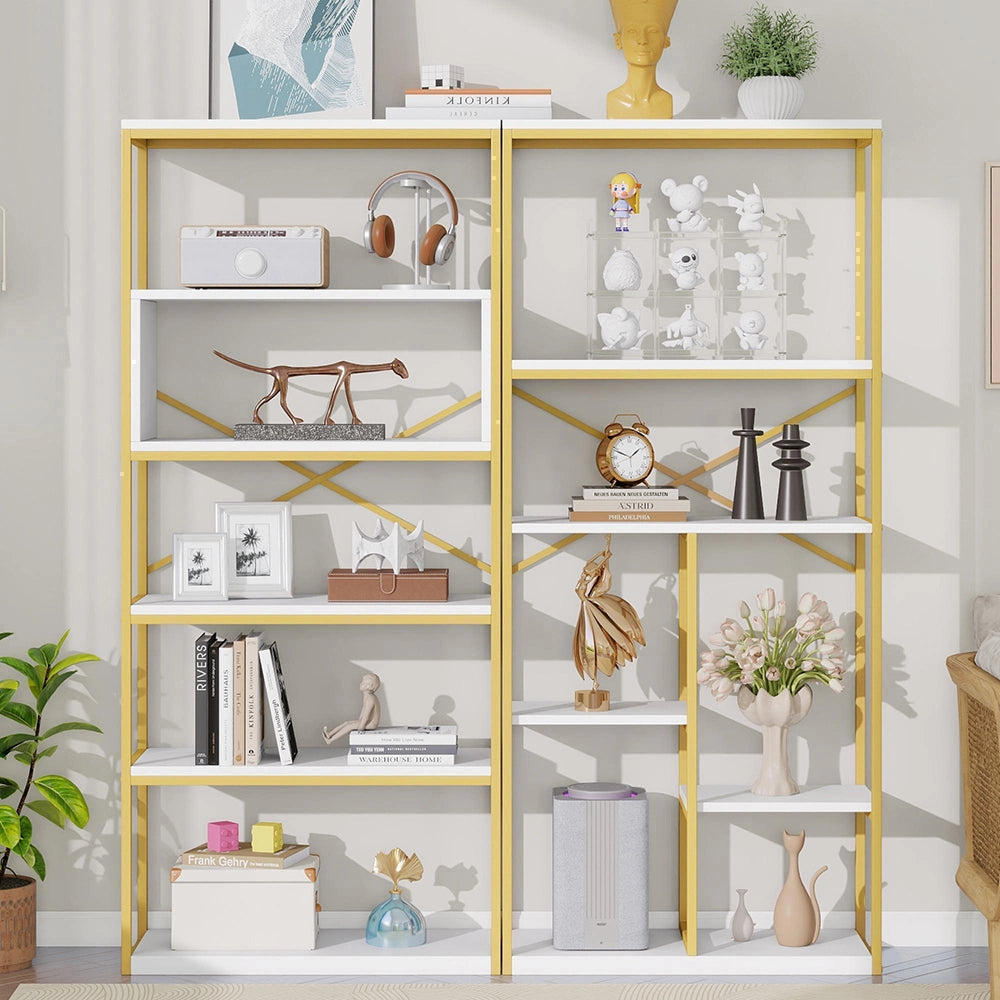 Scaffale moderno - Xylo - 160x29,5x180cm - Oro e bianco - Tubo acciaio + MDF, facile montaggio