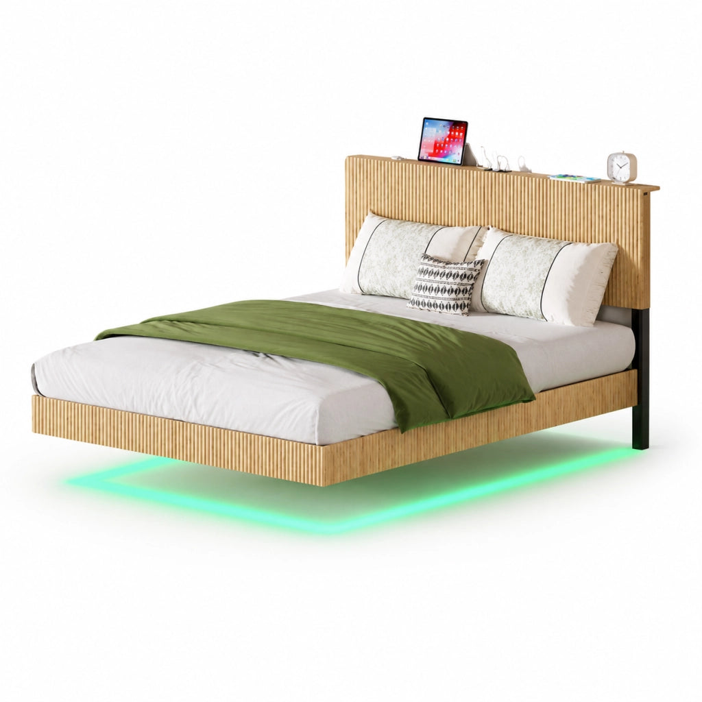 Letto sospeso 210.5x184x99.7 cm con presa integrata e luci LED RGB in metallo e pannello di particelle naturale