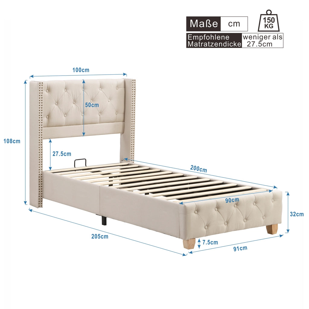 Letto imbottito 90x200 cm con rete a doghe, rivestimento in lino, testiera capitonné, beige