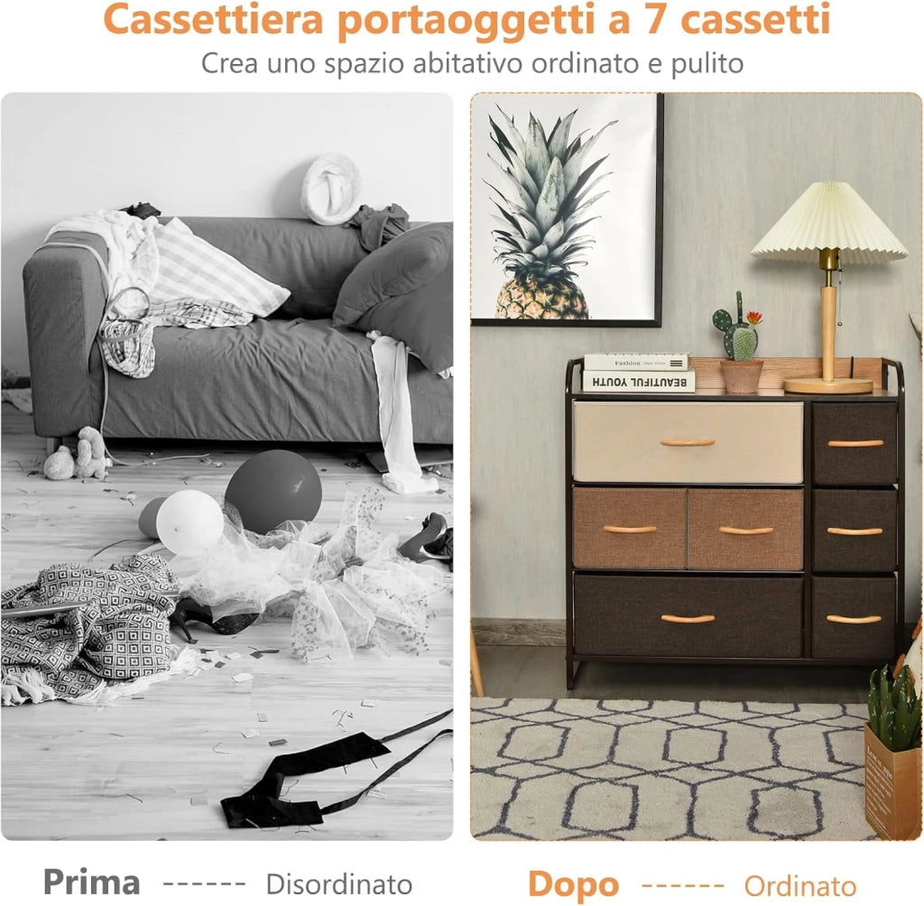 Cassettiera con 7 Cassetti, Organizer Moderno con Cassetti Pieghevoli in Tessuto, Struttura in Acciaio, Ideale per Camera da Letto, Soggiorno, Corridoio, 80 x 29 x 79 cm