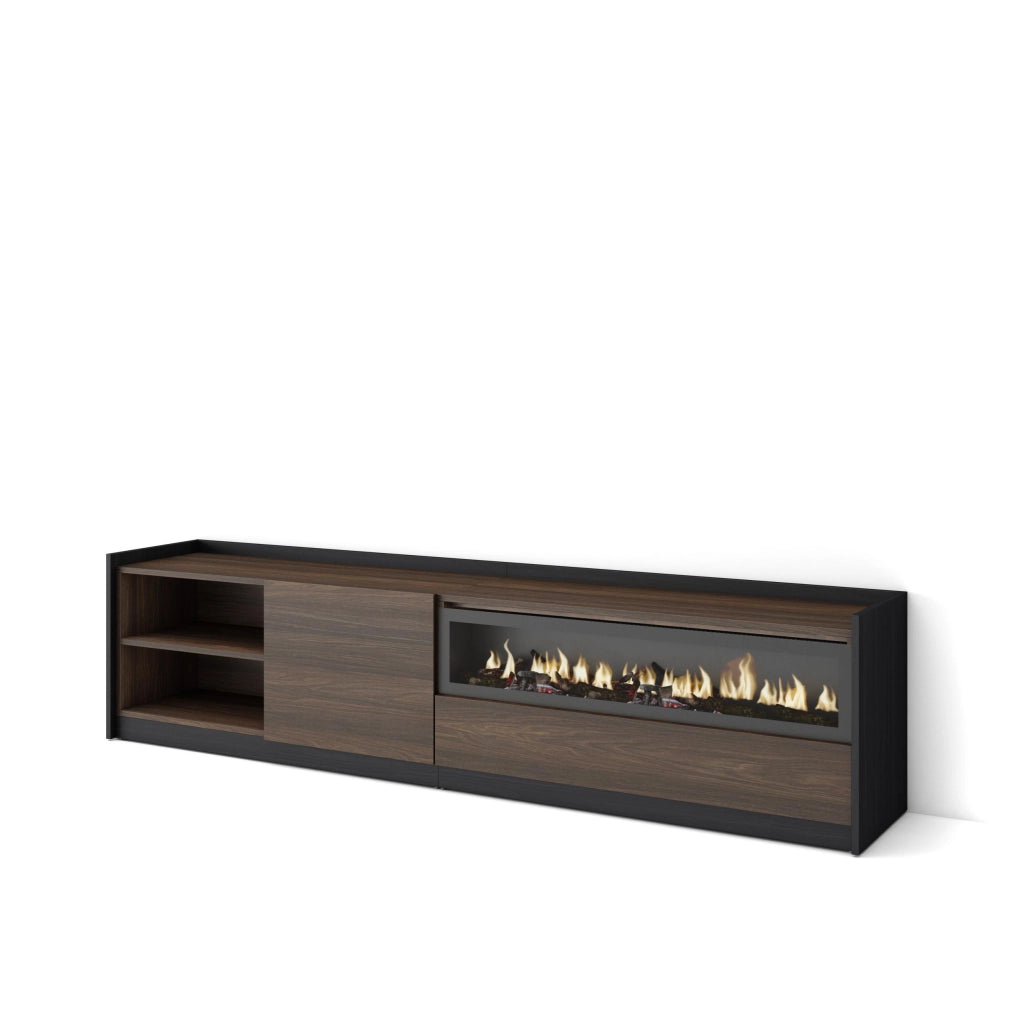 Mobile TV Soggiorno, 207x50x37 cm, Per TV fino a 80", Camino elettrico, Rovere scuro e Nero