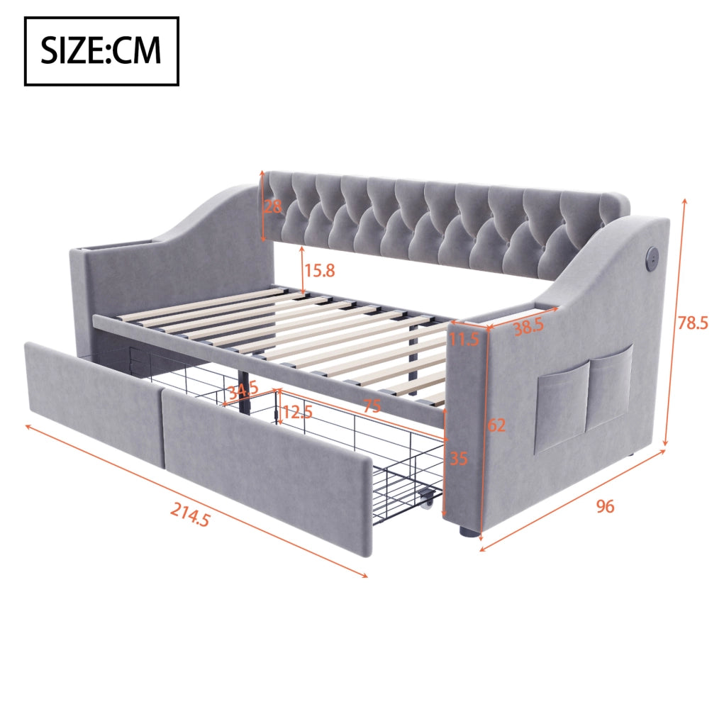 Divano letto imbottito 90x190 cm con cassetti; USB e USB-C in velluto grigio chiaro