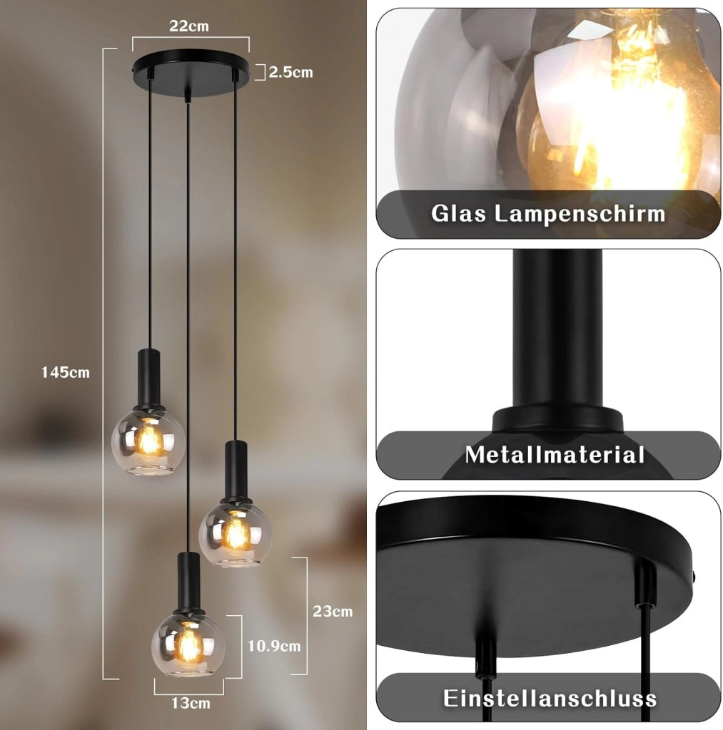 Lampada a sospensione ZMH da sala da pranzo a 3 fiamme E27 lampada a sospensione retr¨° in vetro camera da letto bar