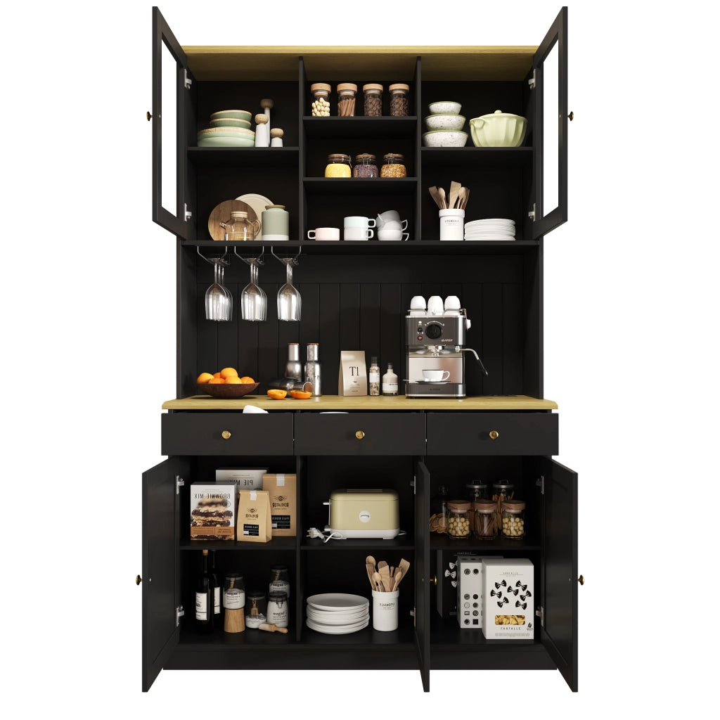 Buffet alto salvaspazio 120×40×191 cm con ante in vetro, portasbicchieri, ripiani regolabili, presa integrata e porte USB