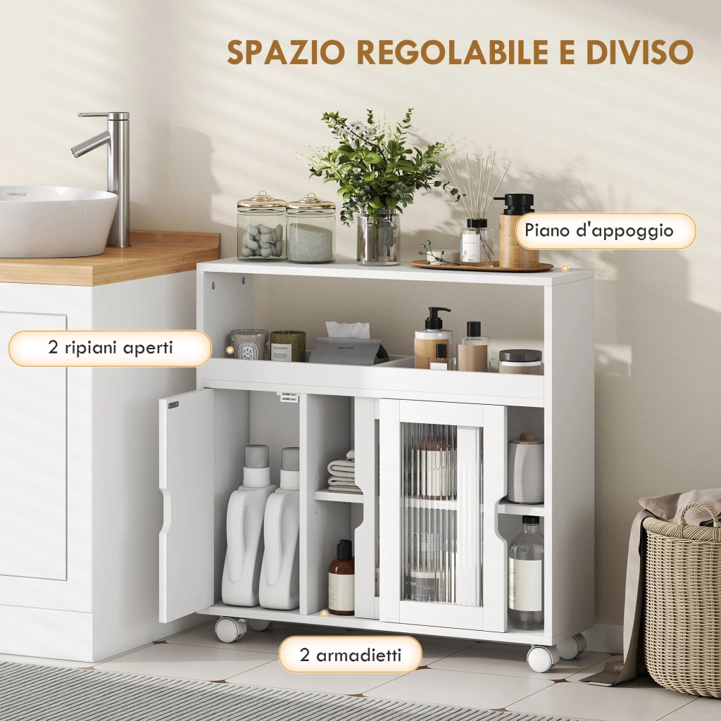 Mobile Bagno con Ante Vetro e Ruote ¨C Zephmum ¨C Bianco Legno 71x20x70 cm