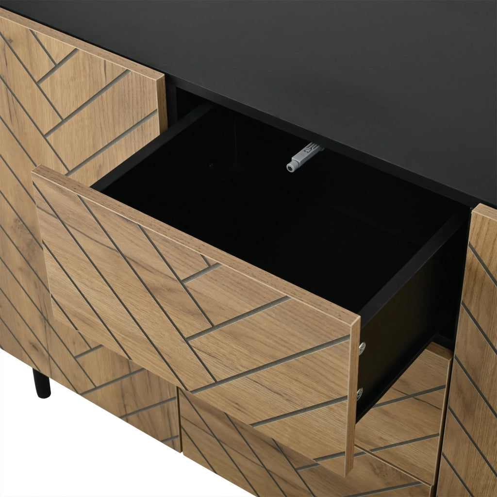 Credenza, 120 x 40 x 76 cm, in truciolato, 3 cassetti, finitura effetto legno, color legno naturale e nero
