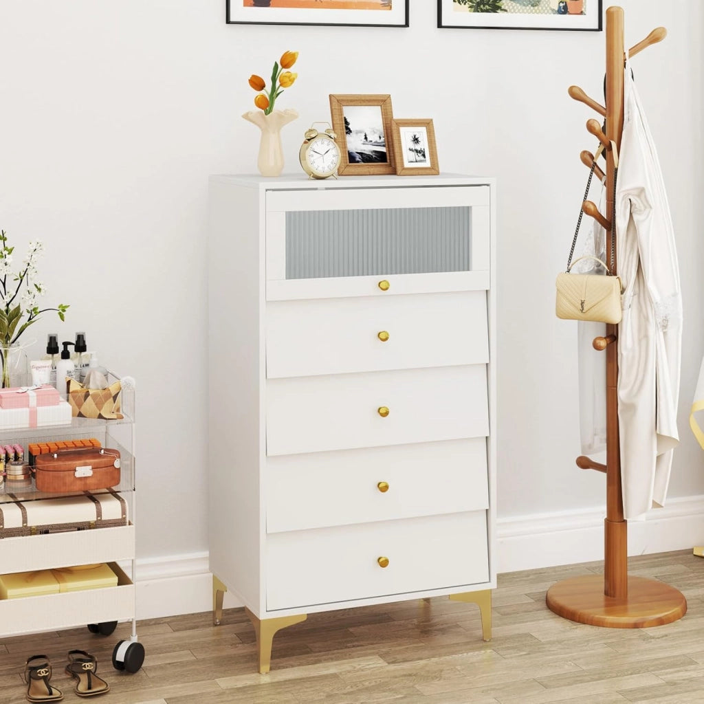 Cassettiera con 4 cassetti e porta in vetro apribile, credenza in legno con gambe in metallo, armadietto da pavimento autoportante con protezione antiribaltamento, moderno mobile da soggiorno
