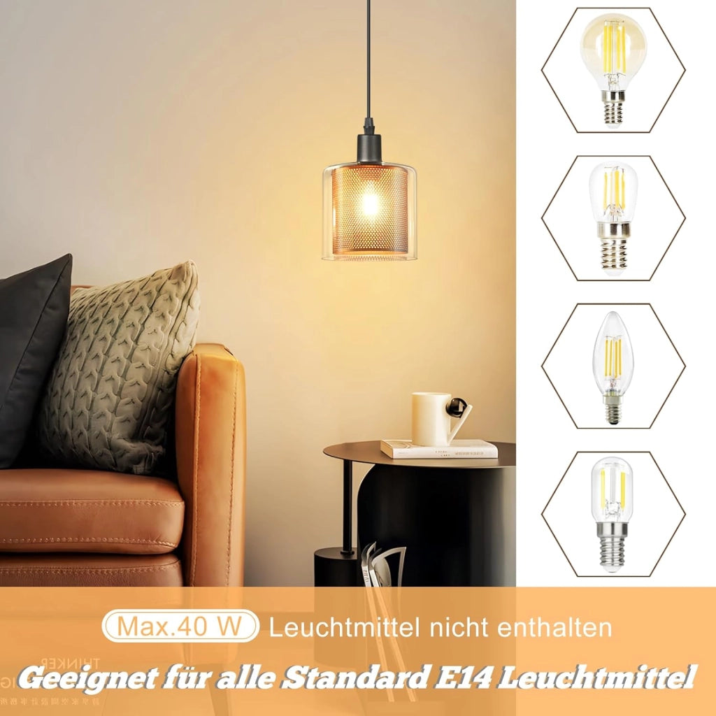 Lampada a sospensione ZMH vintage con 1 fiamma in vetro dorato spina E14 e interruttore cavo in metallo da 4,5m