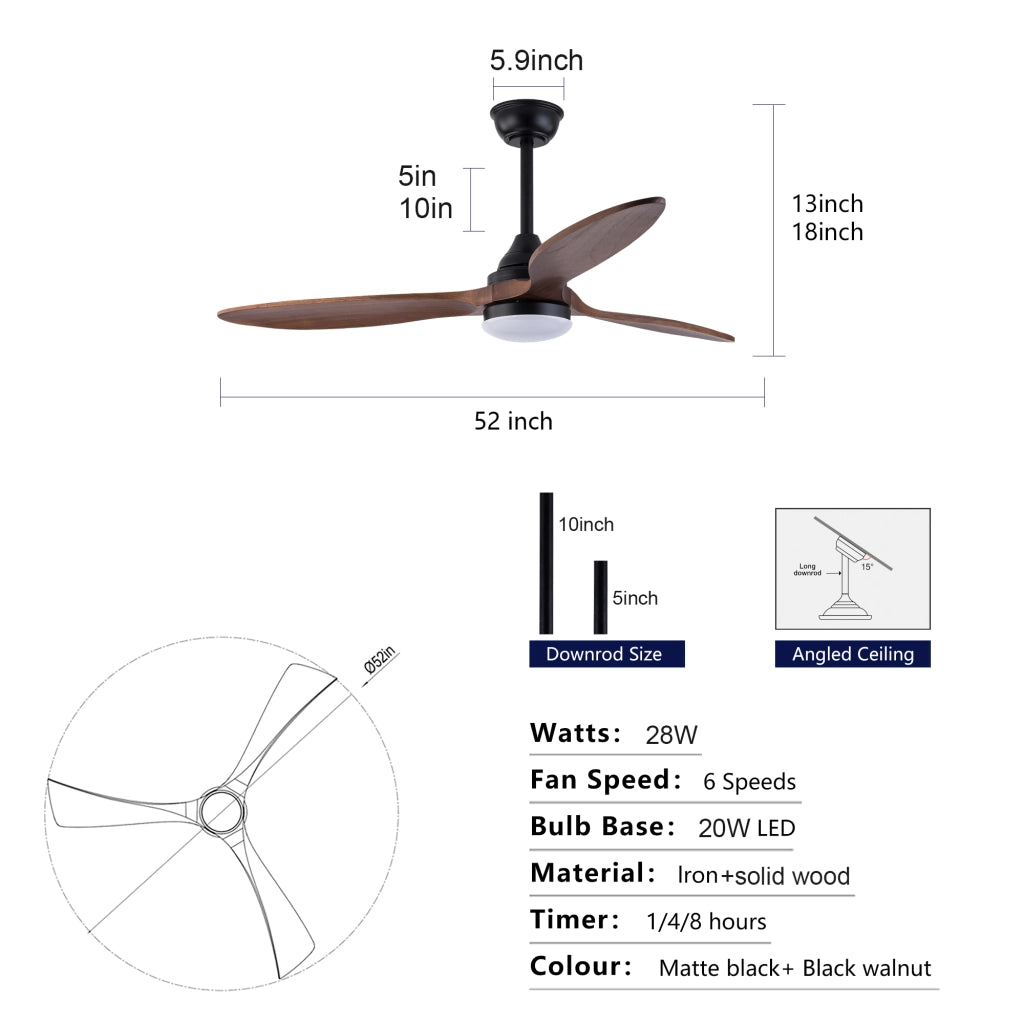 Ventilatore da soffitto da 52 pollici con luce LED dimmerabile; 3 pale in legno; nero e noce scuro