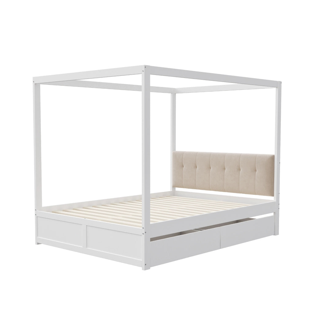 Letto a tenda 140x200 cm; con cassetti e testiera imbottita; legno bianco