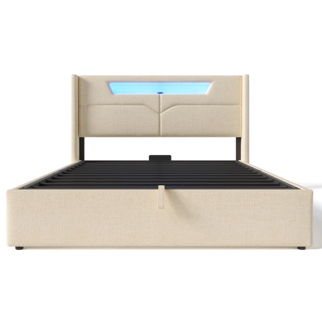 Letto 160x200 cm con contenitore; LED e USB in lino beige